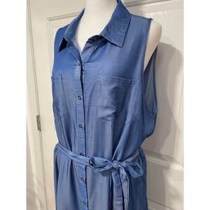 NEW Blue Chambray Tie Belted‎ Sleeveless Shirt Dress Collar Casual Cupshe XL